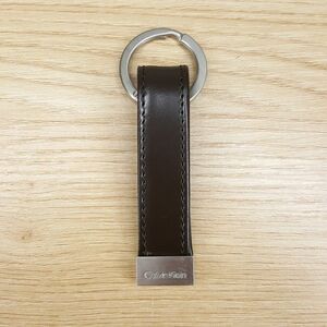 CALVIN KLEIN Mens Keychain Brown Leather Silver Hardware Key Chain